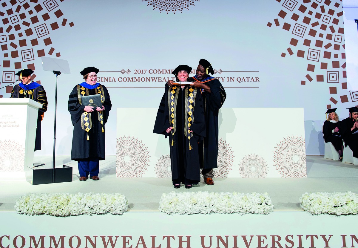 VCUQatar presenting the Honorary Doctor of Humane Letters to Dana Shell Smith, the United States Ambassador to the State of Qatar.