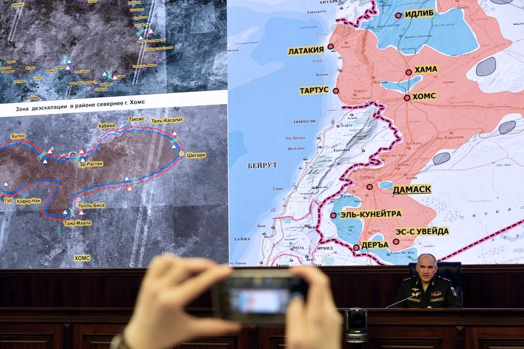 Senior Russian military commander Sergei Rudskoi speaks during a news briefing on the situation in Syria, Moscow, May 5, 2017.  AFP / Vasily MAXIMOV