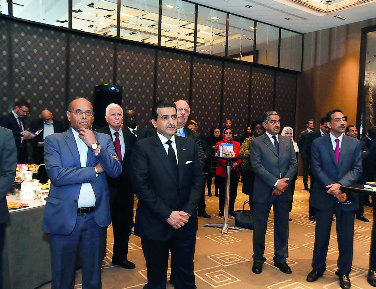 Attorney-General and UN Special Advocate for the Prevention of Corruption, H E Dr Ali bin Fetais Al Marri, during the inauguration of the Rule of Law and Anti-Corruption Center (ROLACC) in Geneva. Also seen is Dr Mohamed Moncef Marzouki, former Tunisian p