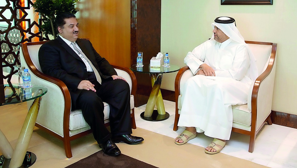 Minister of Economy and Commerce H E Sheikh Ahmed bin Jassim bin Mohammed Al Thani with Minister of Commerce of Pakistan, Khurram Dastagir Khan, yesterday. 