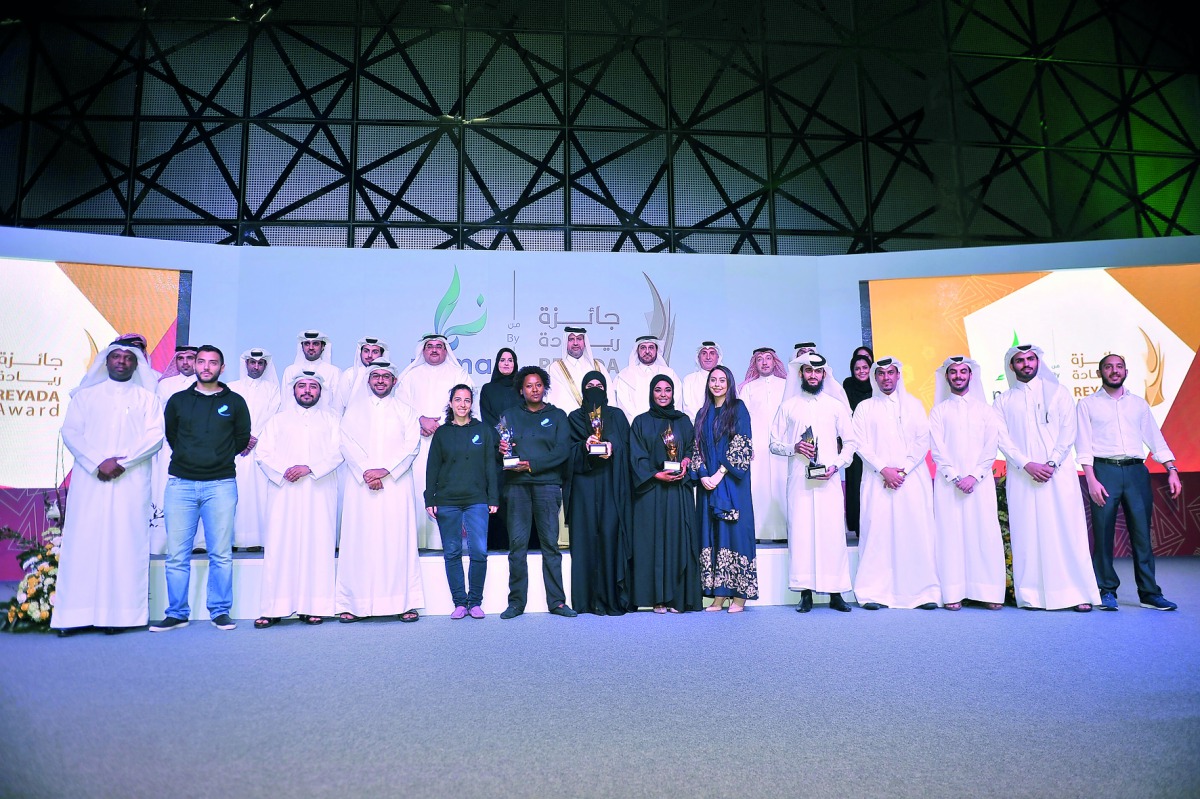 Minister of Economy and Commerce H E Sheikh Ahmed bin Jassim bin Mohammed Al Thani with award winners and officials during the Reyada Awards Ceremony held by NAMA Center at DECC yesterday. Pic: Baher Amin / The Peninsula