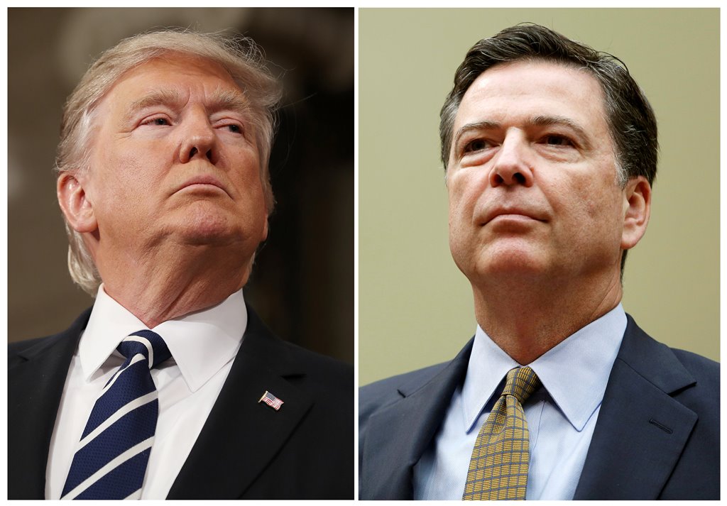 FILE PHOTO: A combination photo shows U.S. President Donald Trump (L) in the House of Representatives in Washington, U.S., on February 28, 2017 and FBI Director James Comey in Washington U.S. on July 7, 2016. REUTERS/Jim Lo Scalzo/Pool, Gary Cameron/File 
