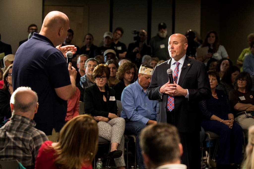 US Representative Tom MacArthur (R-NJ) listens to a question from a constituent during a town hall, in Willingboro, New Jersey on May 10, 2017. AFP / DOMINICK REUTER