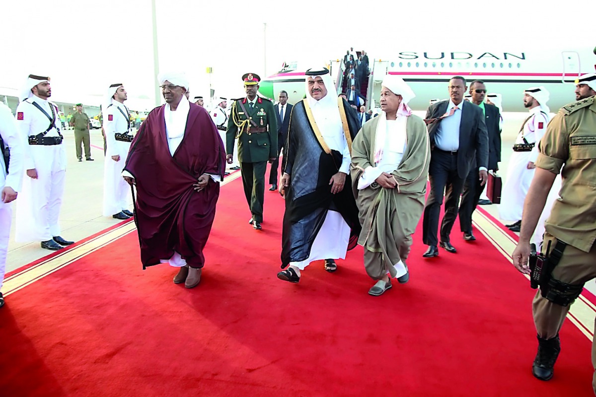President of Sudan, Field Marshal Omar Hassan Al Bashir, arrives in Doha to attend the 2017 Doha Forum, which will kick off today. The Minister of Municipality and Environment H E Mohammed bin Abdullah Al Rumaihi, Qatar's Ambassador to Sudan, Rashid bin A