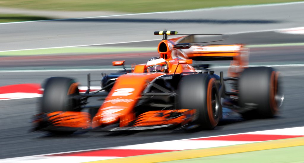 McLaren's Stoffel Vandoorne in action during the first free practice. REUTERS/Albert Gea
