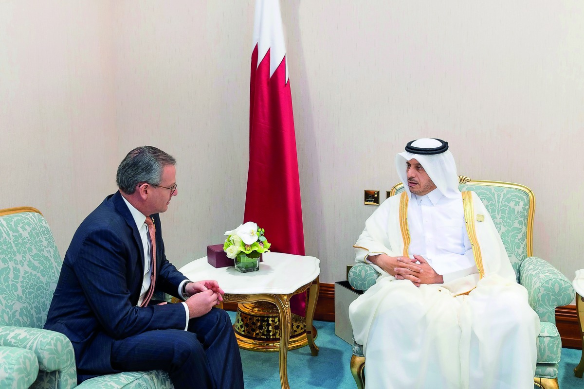 Prime Minister and Interior Minister, H E Sheikh Abdullah bin Nasser bin Khalifa Al Thani, with Foreign Minister of the Republic of Costa Rica, Manuel Gonzalez Sanz, on the sidelines of the Doha Forum, at Doha Sheraton Hotel, yesterday.
