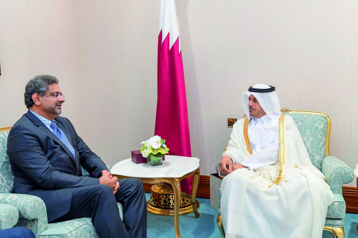 Prime Minister and Interior Minister, H E Sheikh Abdullah bin Nasser bin Khalifa Al Thani, with  and Minister of Petroleum and Natural Resources of the Islamic Republic of Pakistan, Shahid Khaqan Abbasi, on the sidelines of the Doha Forum, at Doha Sherato