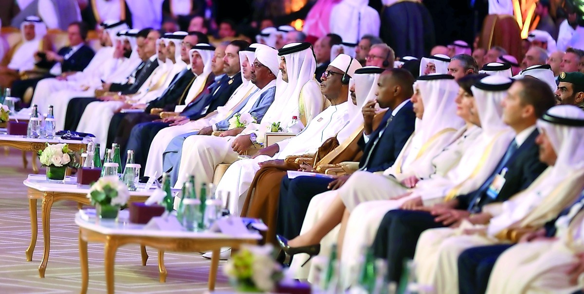 Emir H H Sheikh Tamim bin Hamad Al Thani at the opening of the 17th edition of the Doha Forum at Doha Sheraton Hotel yesterday.