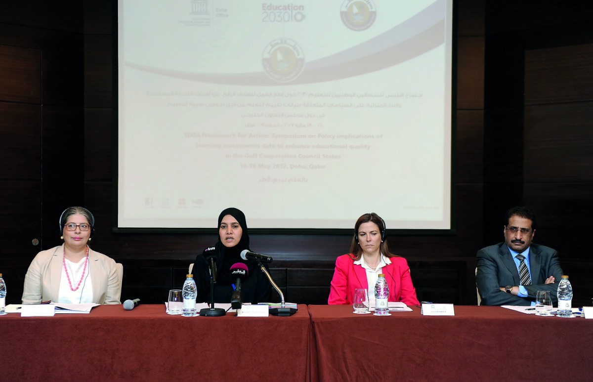 FROM LEFT: Faryal Khan from Unesco Doha; Dr Hamda Al Sulaiti, Secretary-General of Qatar National Committee for Education, Culture and Science; Anna Paolini, Director of Unesco, Doha; and Dr Abdelsalam Al Joufi from ABEGS, during the symposium on Sustaina