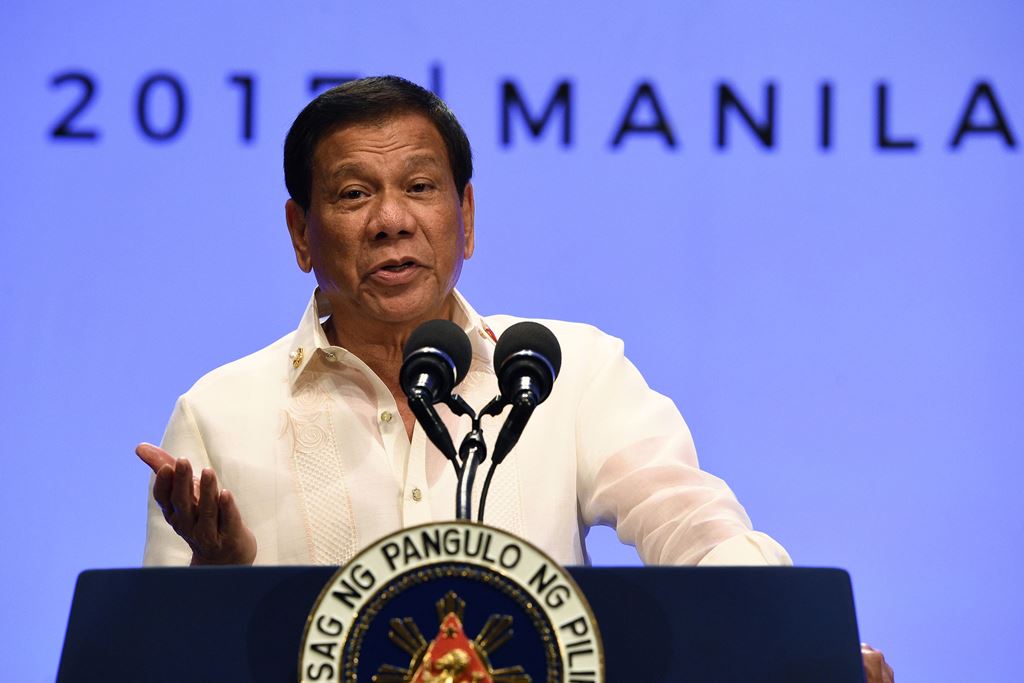 (FILES) This file photo taken on April 29, 2017 shows Philippines' President Rodrigo Duterte gesturing as he speaks during a press conference at the end of Association of Souteast Asian Nations (ASEAN) leaders' summit in Manila. AFP / Ted ALJIBE