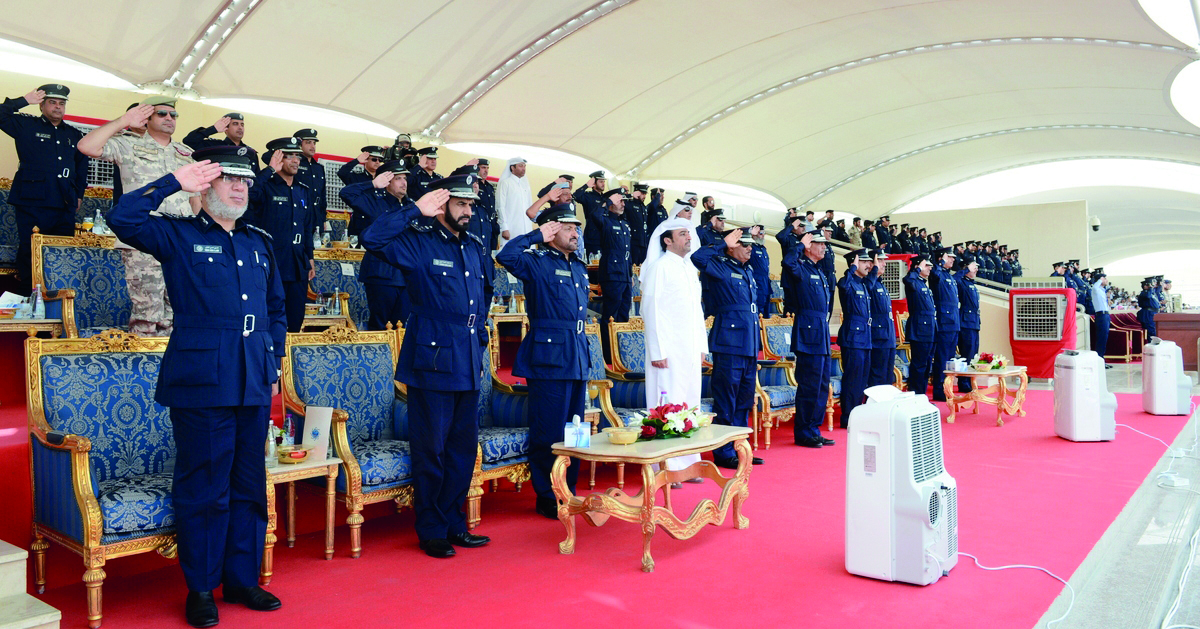 Director-General of Public Security (DGPS), Staff Major General H E Saad bin Jassim Al Khulaifi, and other officers reviewing the passing out parade.
