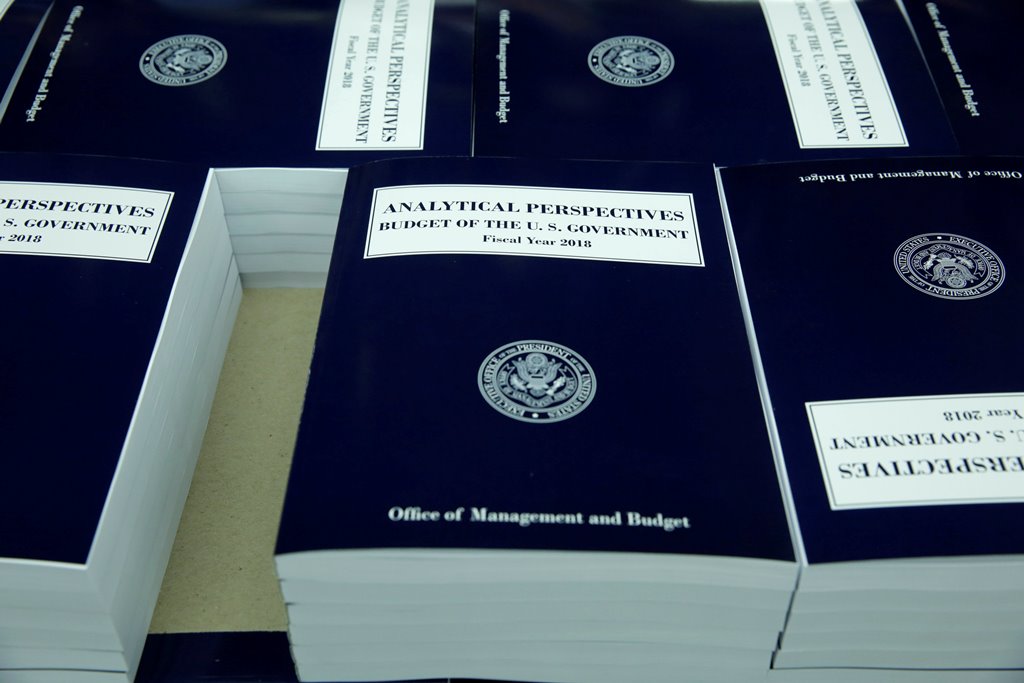 FILE PHOTO - President Donald Trump's FY2018 budget is seen printed at the Government Publishing Office in Washington, U.S. on May 19, 2017. REUTERS/Yuri Gripas/File Photo
