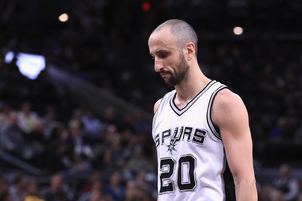 Manu Ginobili #20 of the San Antonio Spurs reacts in the first half against the Golden State Warriors during Game Four of the 2017 NBA Western Conference Finals at AT&T Center on May 22, 2017 in San Antonio, Texas. Ronald Martinez/Getty Images/AFP