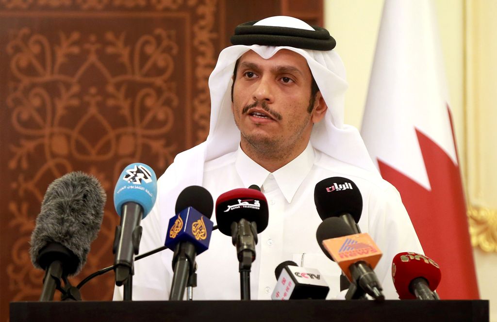 Qatari Foreign Minister Mohammed bin Abdulrahman al-Thani gives a press conference in Doha on May 25, 2017.  AFP / KARIM JAAFAR
