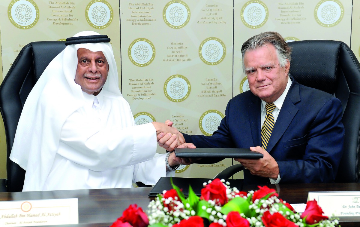 ABHAIF Chairman H E Abdullah bin Hamad Al Attiyah and Dr John Duke Antony, Founding President and CEO of the National Council on US Arab Relations, at the ceremony. Pic:  Salim Matramkot / The Peninsula