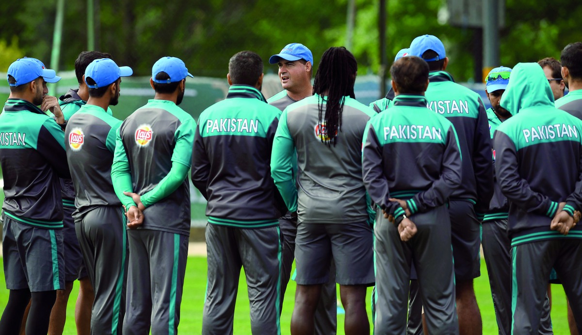 Pakistan coach Mickey Arthur (centre) speaks to the squad as they take part in a nets practice session at Edgbaston cricket ground in Birmingham, central England, on Tuesday ahead of their forthcoming ICC Champions Trophy cricket match against India. 