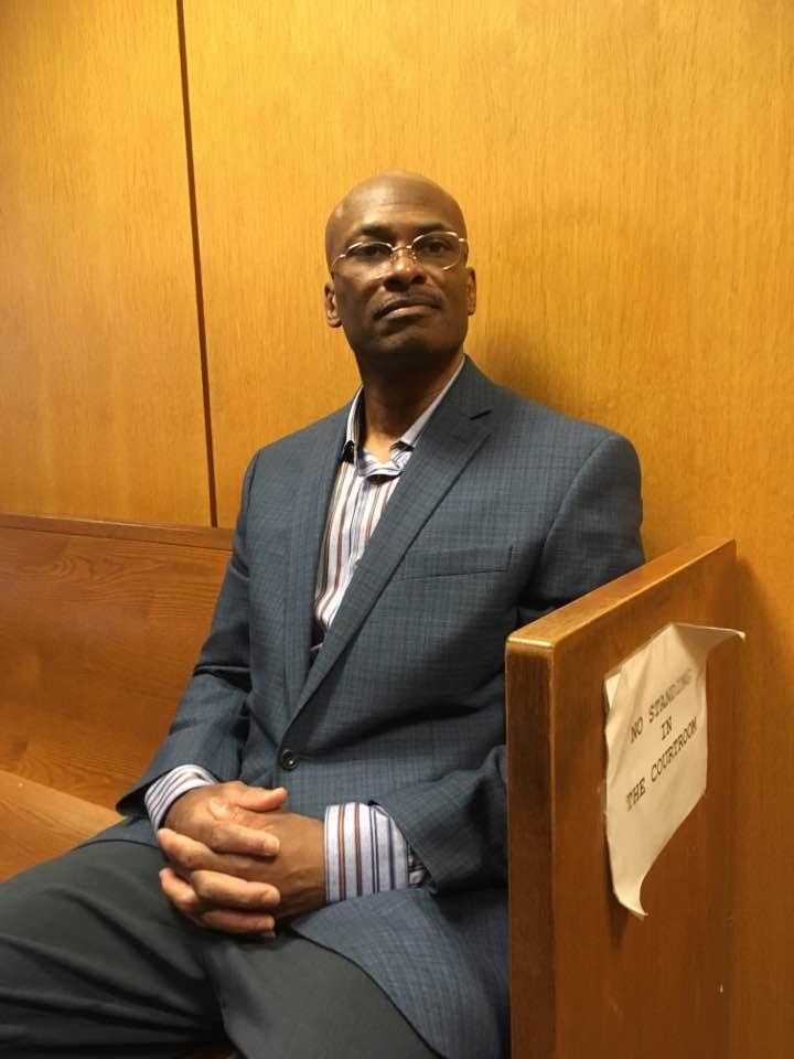Desmond Ricks in court after charges against him were officially dismissed. He was exonerated after spending 25 years in prison for murder. (Photo courtesy: Sarah Cwiek / Michigan Radio) 
