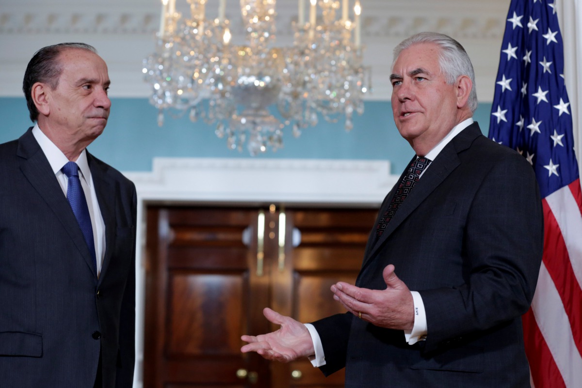 U.S. Secretary of State Rex Tillerson (R) talks to the media about the withdrawal from the Paris Climate Agreement next to Brazilian Foreign Minister Aloysio Nunes Ferreira at the State Department in Washington, U.S., June 2, 2017. REUTERS/Yuri Gripas