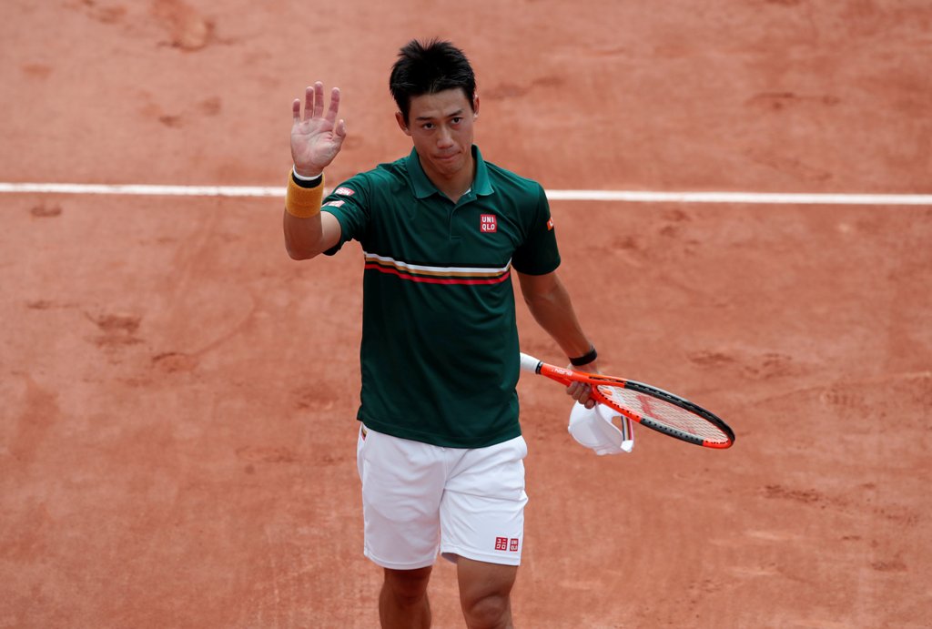 June 4, 2017 Japan's Kei Nishikori celebrates after winning his third round match against South Korea's Hyeon Chung Reuters / Benoit Tessier
