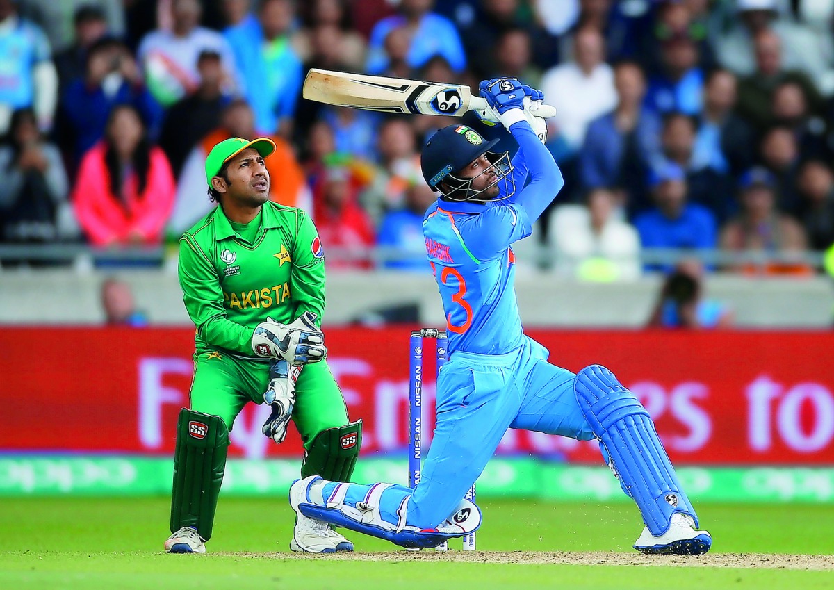 India's Hardik Pandya hits a six against Pakistan during their Champions Trophy match in Birmingham on Sunday. 