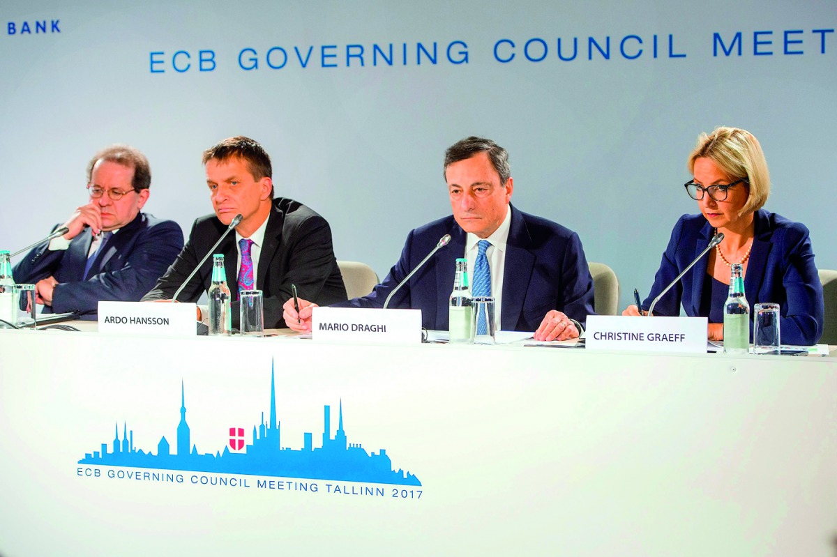 FROM LEFT: ECB Vice-President, Vitor Constancio, the Governor of Bank of Estonia, Ardo Hansson, the President of the ECB, Mario Draghi and ECB spokeswoman, Christine Graeff at a press conference after the Governing Council meeting in Tallinn, yesterday. 