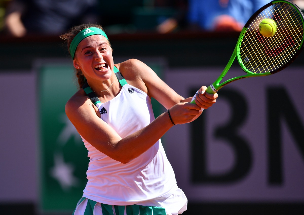 Jelena Ostapenko of Latvia in action against Timea Bacsinszky of Switzerland during their semi final match of the French Open tennis tournament at the Roland Garros stadium in Paris, France on June 08, 2017. (Mustafa Yalç?n - Anadolu Agency)