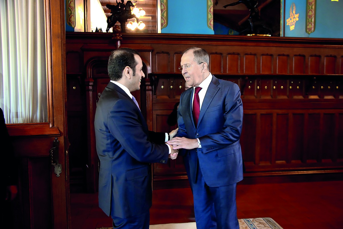 Minister of Foreign Affairs H E Sheikh Mohammed bin Abdulrahman Al Thani with his Russian counterpart Sergei Lavrov, in Moscow, yesterday.