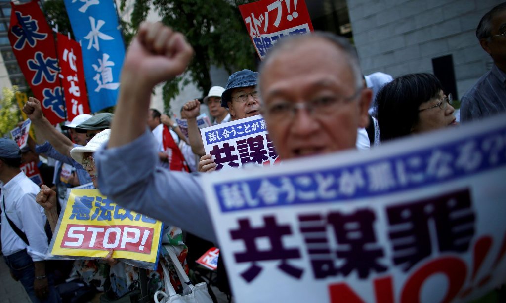  Protesters shout slogans as they protest against an anti-conspiracy bill outside parliament building in Tokyo. Photograph: Issei Kato/Reuters.