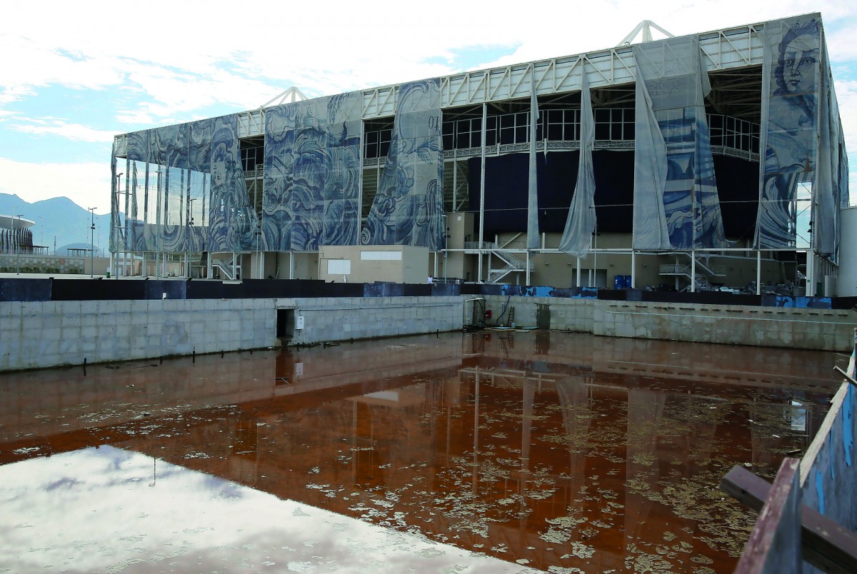 The dilapidated condition of the Olympic Aquatics Stadium which was used for the Rio 2016 Olympic Games swimming competitions.