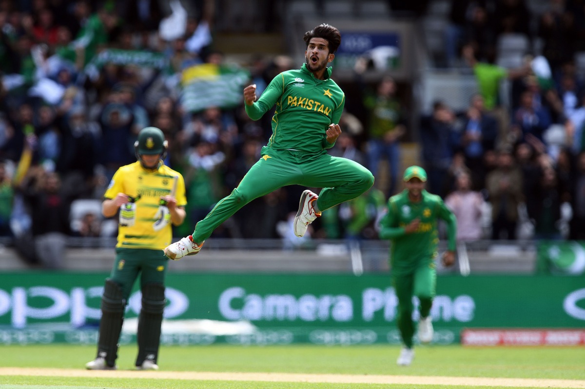 This file photo taken on June 7, 2017 shows Pakistan's Hasan Ali celebrating taking the wicket of South Africa's Wayne Parnell for 0 runs during the ICC Champions trophy match between Pakistan and South Africa at Edgbaston in Birmingham.(AFP / PAUL ELLIS)