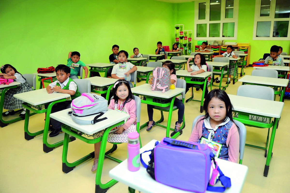 Children at the classroom of the new Philippine School Doha, yesterday. Pic: Abdul Basit / The Peninsula