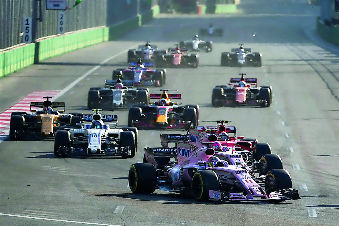 Force India team drivers Sergio Perez and Esteban Ocon in seen in action at last week's Azerbaijan Grand Prix in this file picture.