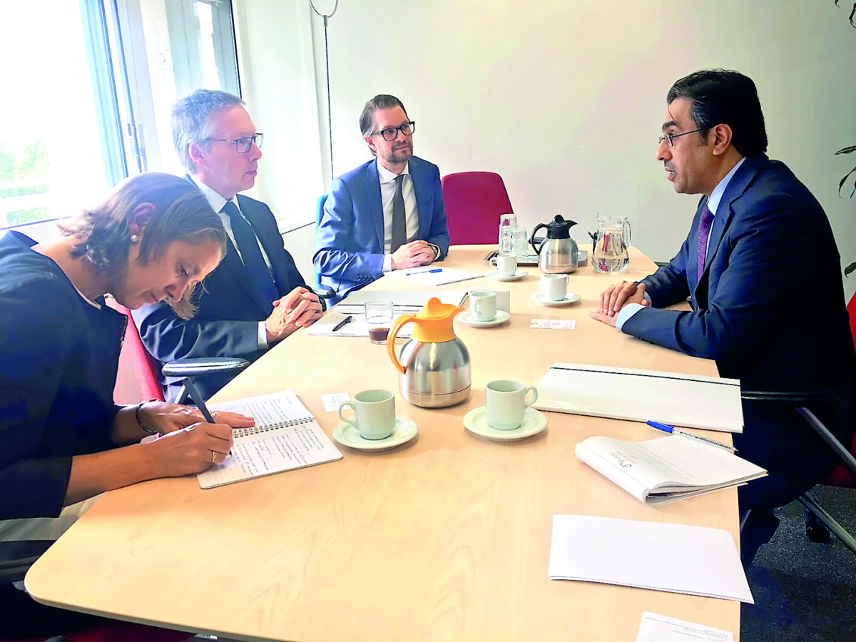 NHRC Chairman Dr Ali bin Sumaikh Al Marri meeting with Peter van der Vliet, Director of Multilateral Organisations and Human Rights at the Netherlands Ministry of Foreign Affairs, and his deputy Mark Zelenrath, in charge of human rights issues in Amsterda