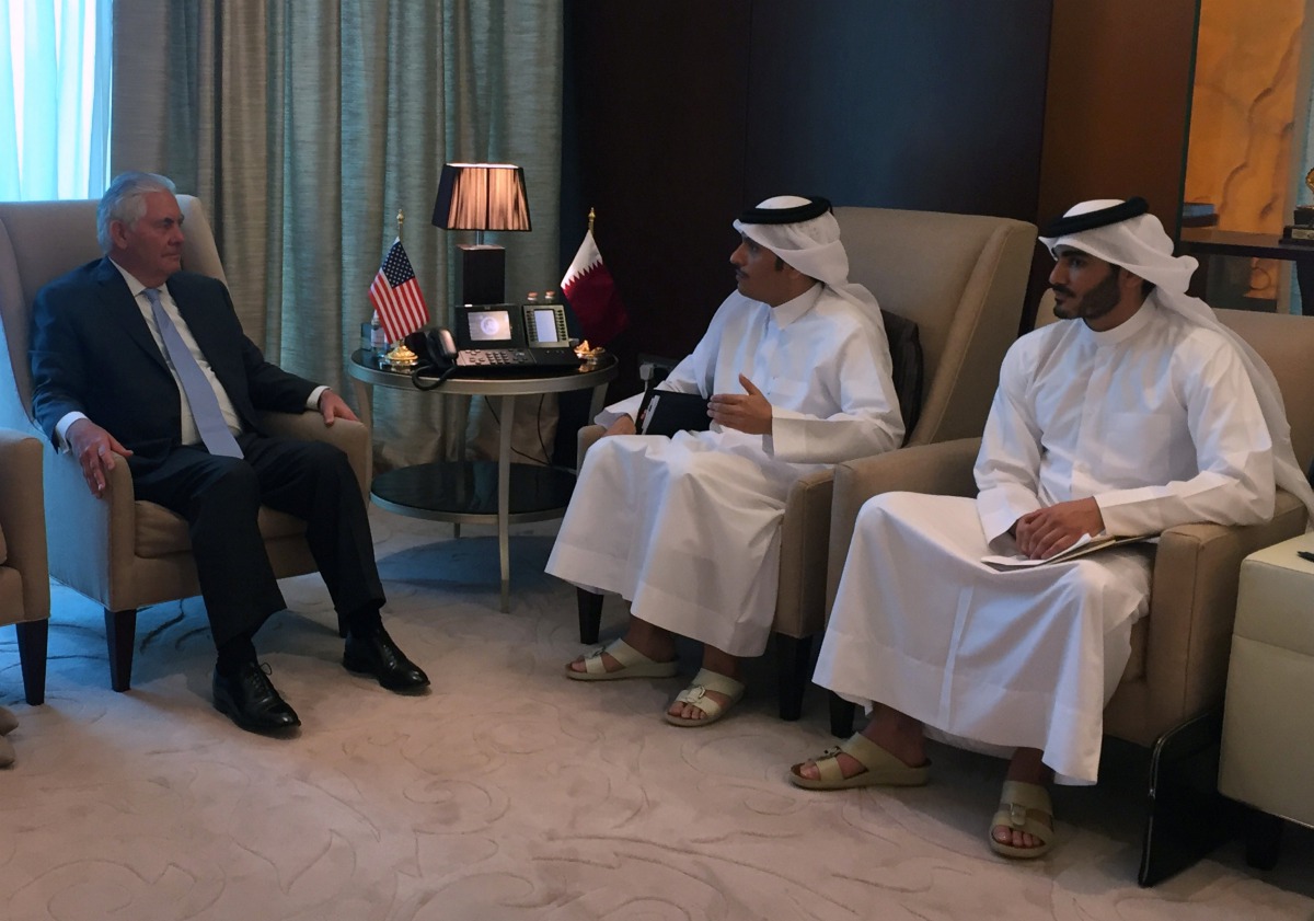U.S. Secretary of State Rex Tillerson meets with Qatar's Foreign Minister H E Sheikh Mohammed bin Abdulrahman al-Thani (2-R) in Doha, Qatar July 11, 2017. (REUTERS/Tom Finn)