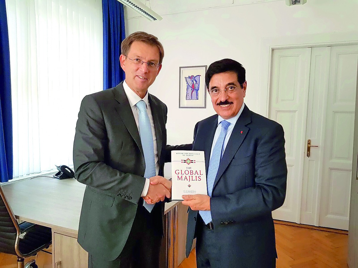 Prime Minister of the Republic of Slovenia, Dr Miro Cerar, with Adviser at the Emiri Diwan and the State of Qatar's candidate for the Director-General post at the Unesco, H E Dr Hamad bin Abdulaziz Al Kawari who presented his vision and electoral programm