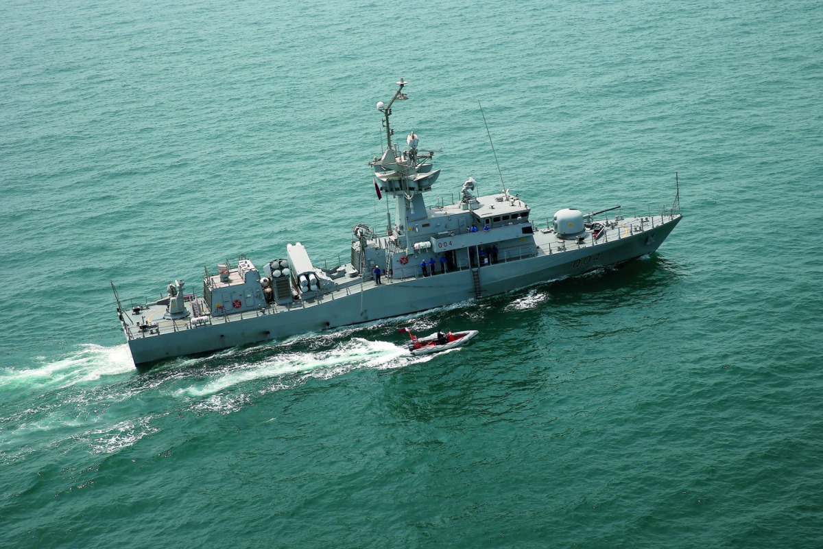 The Qatari Emiri Naval Forces and British Royal Navy forces conducting a joint exercise in Qatar’s territorial waters, yesterday. 
