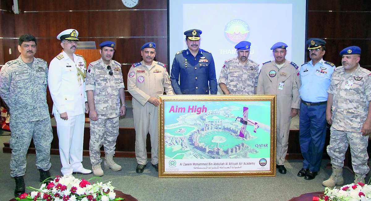 Qatari and Pakistani officials during the launch event at Al Zaeem Mohammed Bin Abdullah Al Atiyyah Air College, yesterday.
