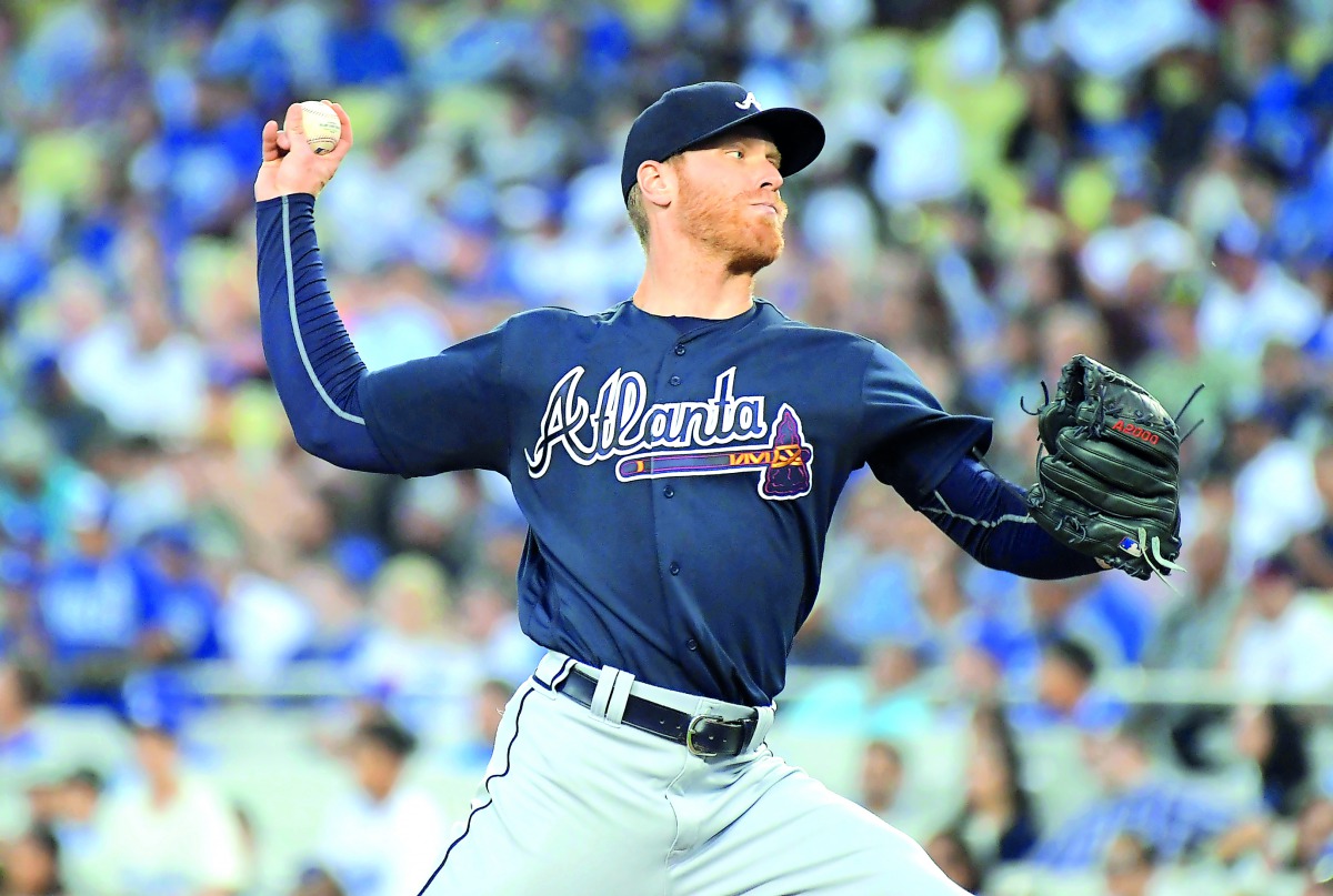 Atlanta Braves pitcher Mike Foltynewicz throws the ball against the Los Angeles Dodgers during the first inning at Dodger Stadium in Los Angeles on Thursday.