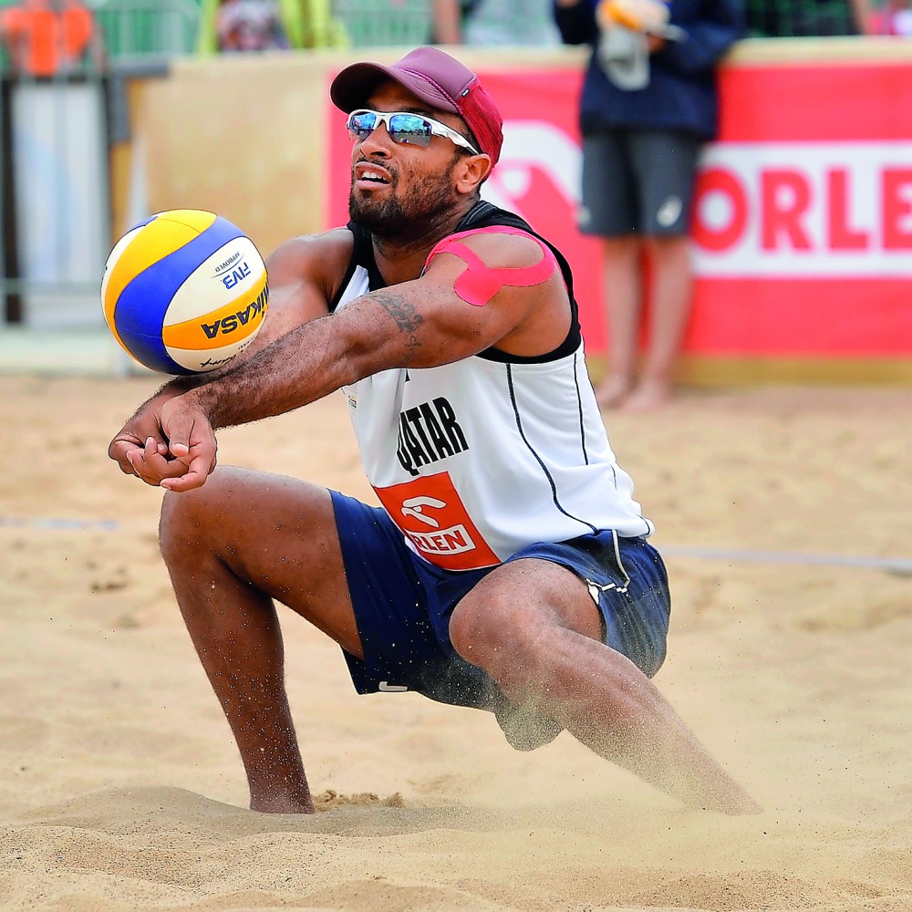 Qatar’s Jefferson Pereira in action during the FIVB World Tour -  Olsztyn beach volleyball event in Olsztyn, Poland.