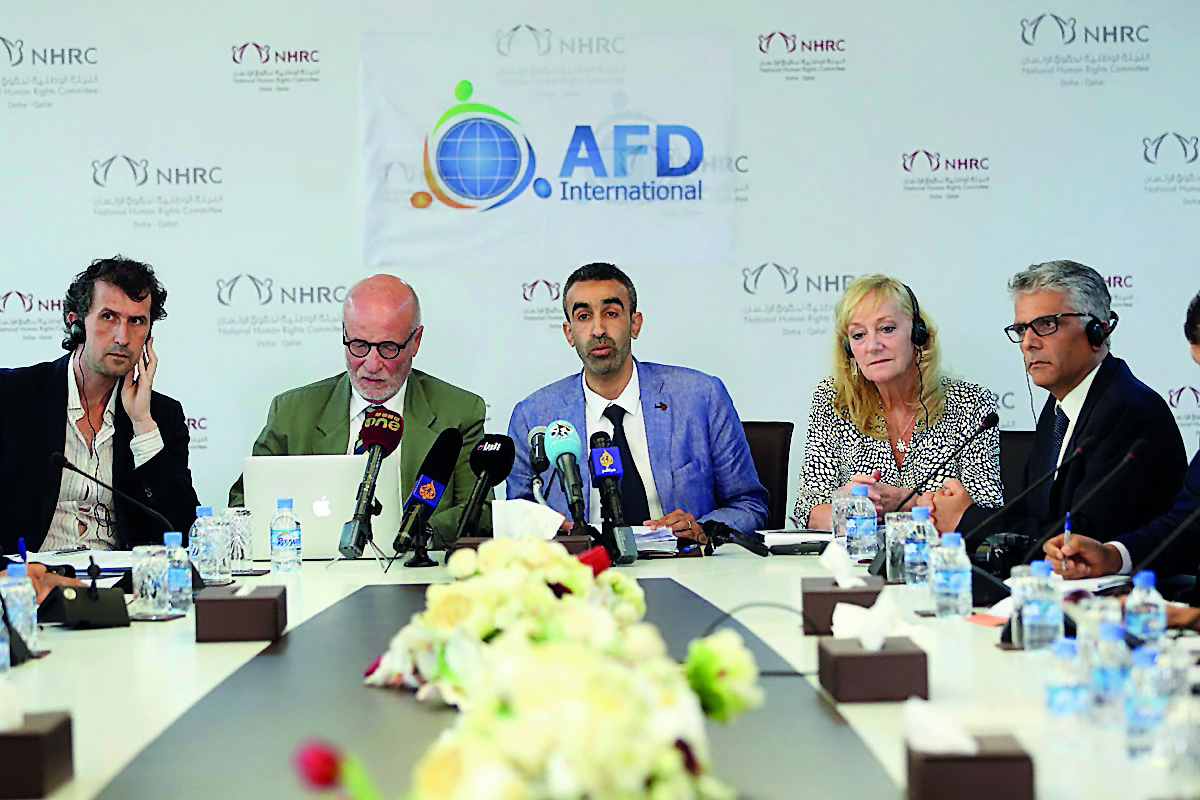 International observer mission delegates at a press conference in Doha yesterday. 

