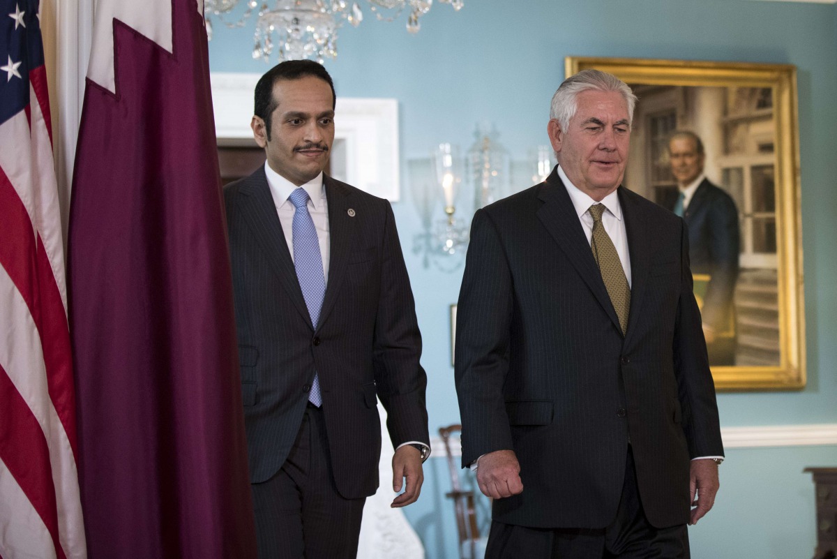 US Secretary of State Rex Tillerson with Qatari Foreign Minister H E Sheikh Mohammed Bin Abdulrahman Al Thani at the State Department, July 26, 2017 in Washington. (Drew Angerer/Getty Images/AFP)
