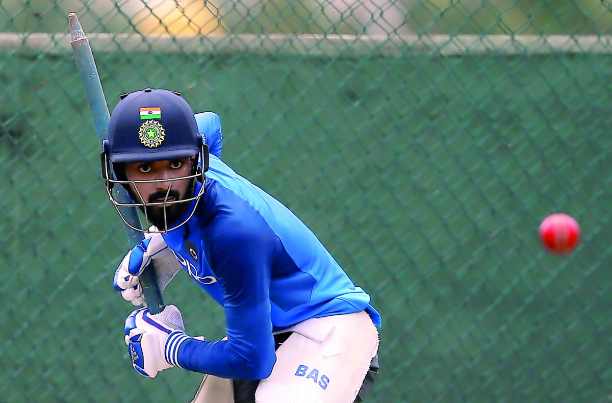 India’s cricketer Lokesh Rahul eyes the ball as he plays a shot during a practice session at the Sinhalese Sports Club (SSC) Ground in Colombo, yesterday. Indian captain Virat Kohli has confirmed his return for the second Test against Sri Lanka, starting 