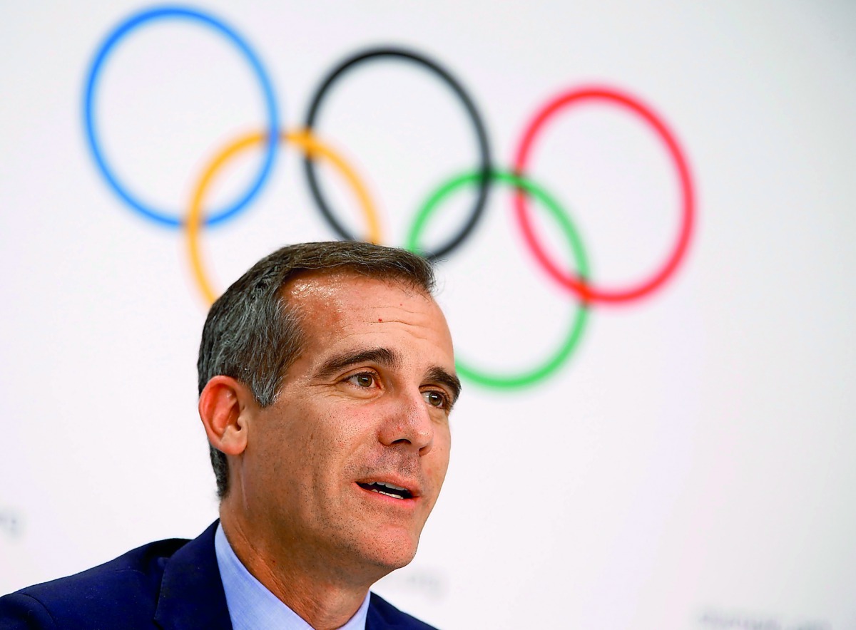 Mayor of Los Angeles Eric Garcetti attends the news conference after the voting during the International Olympic Committee (IOC) extraordinary session in Lausanne, Switzerland, in this July 11, 2017 file photo.