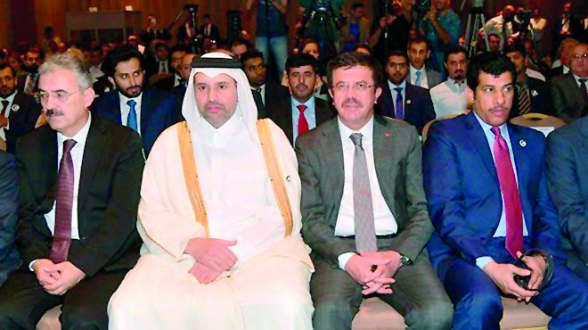 Minister of Economy and Commerce H E Sheikh Ahmed bin Jassim bin Mohammed Al Thani (second left) attending the Turkey-Qatar B2B meeting at the Swiss Hotel Grand Efes in Izm?r, Turkey, yesterday. Also seen are Turkish Economy Minister Nihat Zeybekci (secon