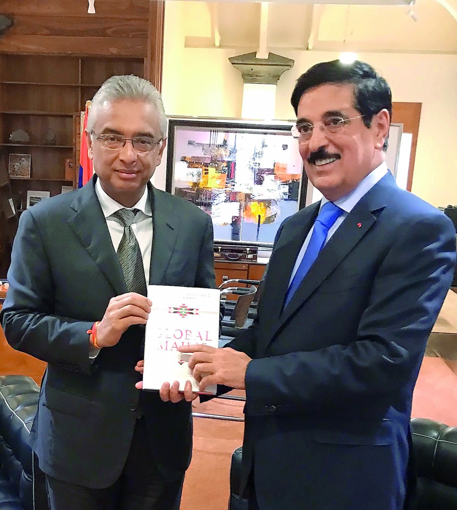 The Prime Minister of Mauritius, Pravind Kumar Jugnauth (left) with H E Dr Hamad bin Abdulaziz Al Kawari, the Cultural Adviser at the Emiri Diwan in Mauritius yesterday.