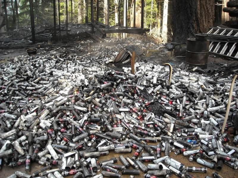 Thousands of used butane cans used to process concentrated marijuana dumped in the forest in Humboldt County, California are pictured in this undated handout photo obtained by Reuters July 25, 2017. California Department of Fish and Wildlife/ via Reuters