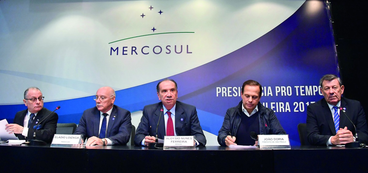 FROM LEFT: Mercosur’s foreign ministers, Jorge Faurie of Argentina; Eladio Loizaga of Paraguay’; Aloysio Nunes Ferreira of Brazil; and Sao Paulo’s Mayor Joao Doria  at a press conference after the South American trade bloc decided to suspend Venezuela for