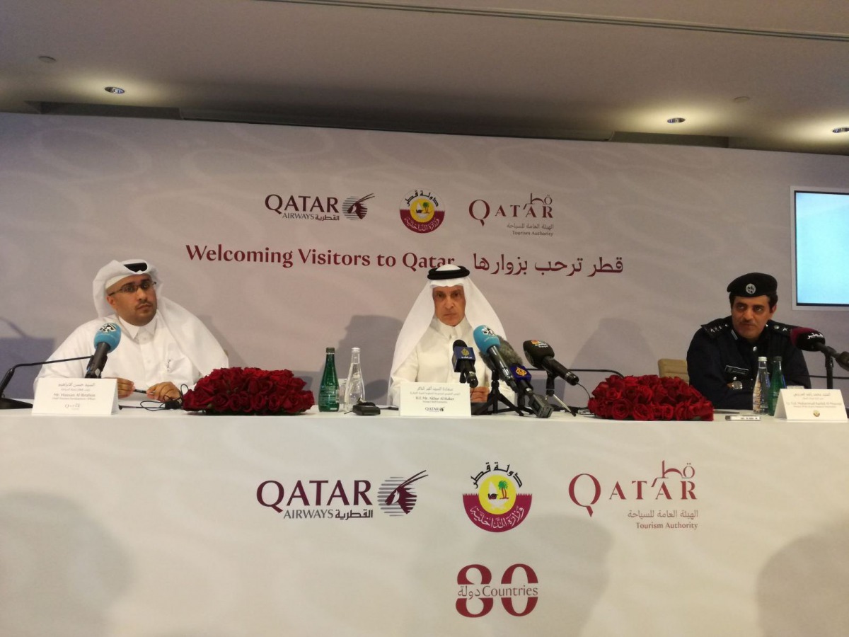 Qatar Airways Group Chief Executive Akbar Al Baker (centre) with Chief Tourism Development Officer of QTA, Hassan Al Ibrahim (left) and Lt. Col. Muhammad Rashid Al Mazroui, Director of the Airport Passports Department, at a press conference in Doha yester