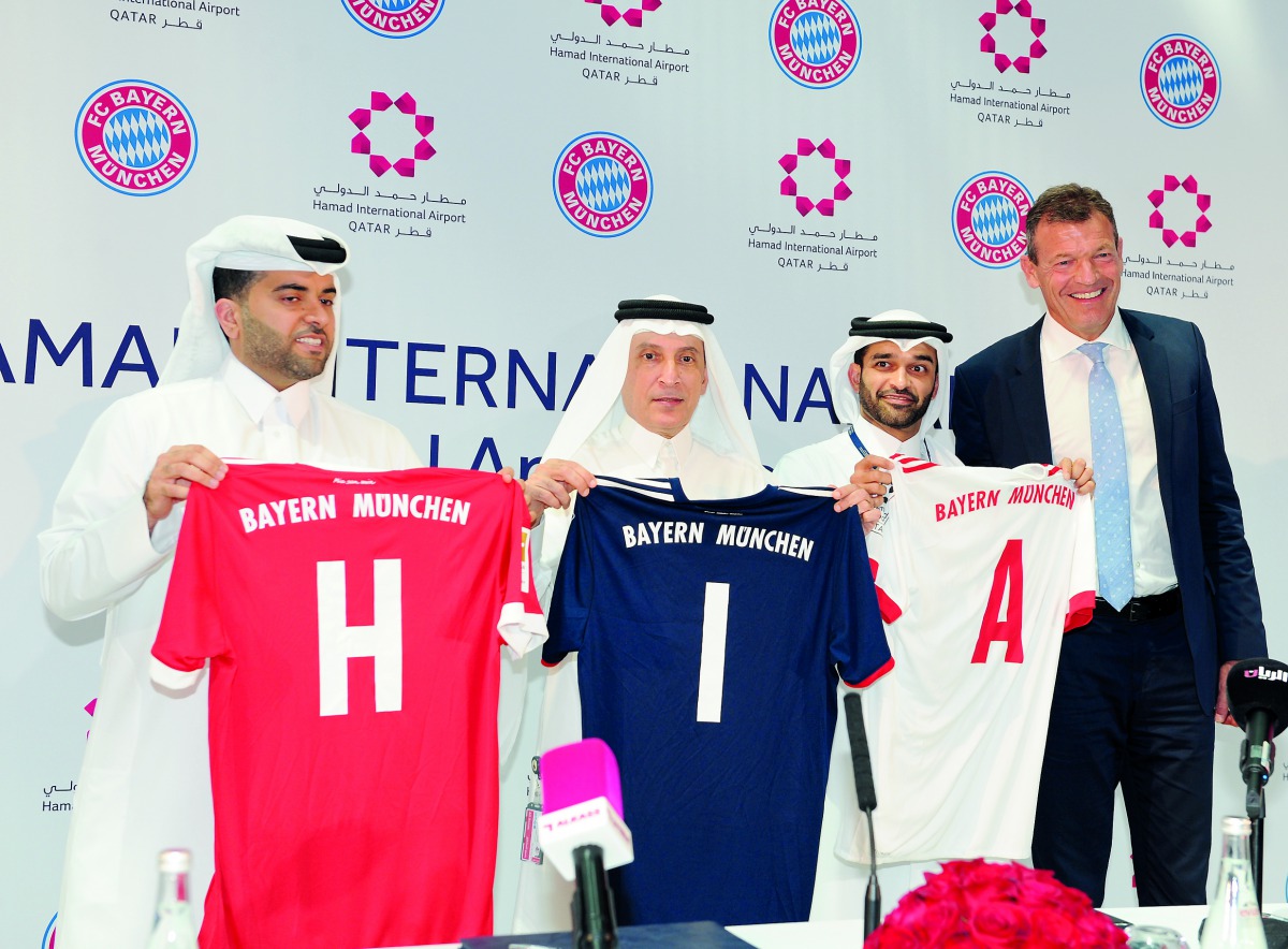 The Chief Executive Officer of Hamad International Airport (HIA), Akbar Al Baker (second left), Secretary-General of Supreme Committee for Delivery and Legacy, Hassan Al Thawadi (second right), Executive Board Member of FC Bayern Munich, Andreas Jung (rig