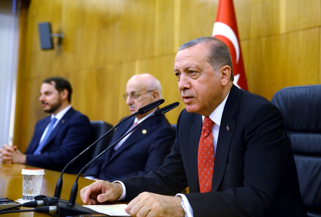 President of Turkey, Recep Tayyip Erdogan (R) holds a press conference prior to his official visit to Jordan before his departure with the presidential plane at Ataturk International Airport in Istanbul, Turkey on August 21, 2017. ( Kayhan Özer - Anadolu 